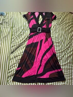 Wet Seal Pink, Black & Brown Graphic A-Line Dress with Buckle Waist